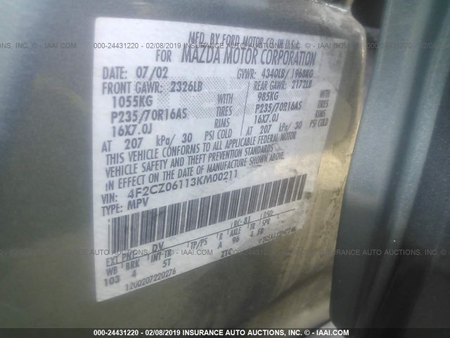 4F2CZ06113KM00211 - 2003 MAZDA TRIBUTE ES 绿色 照片 9