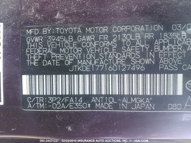 JTKDE177160127496 - 2006 TOYOTA SCION TC იასამნისფერი ფოტო 9