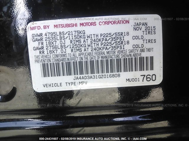 JA4AD3A31GZ016808 - 2016 MITSUBISHI OUTLANDER SE/SEL BLACK photo 9