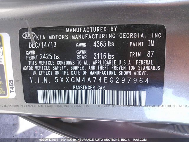 5XXGM4A74EG297964 - 2014 KIA OPTIMA LX GRAY photo 9