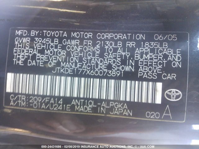 JTKDE177X60073891 - 2006 TOYOTA SCION TC GRAY photo 9