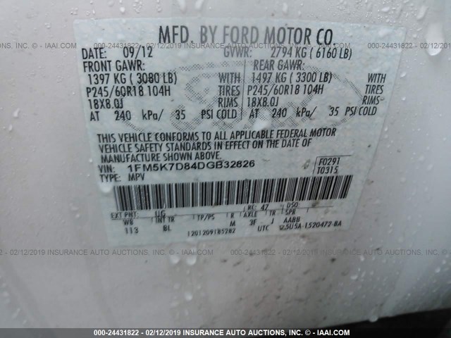 1FM5K7D84DGB32826 - 2013 FORD EXPLORER XLT WHITE photo 9