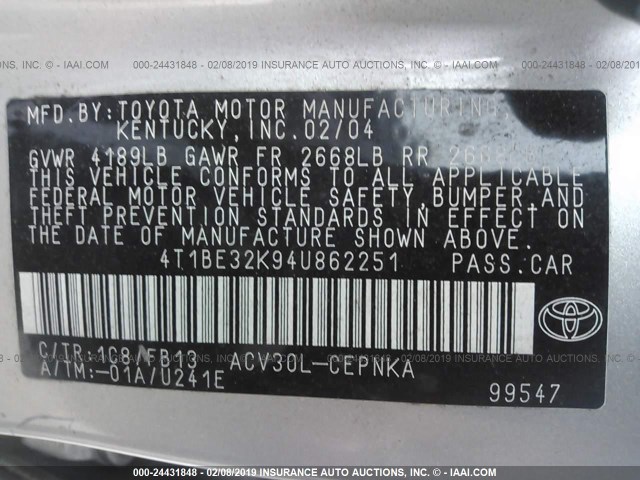 4T1BE32K94U862251 - 2004 TOYOTA CAMRY LE/XLE/SE SILVER photo 9