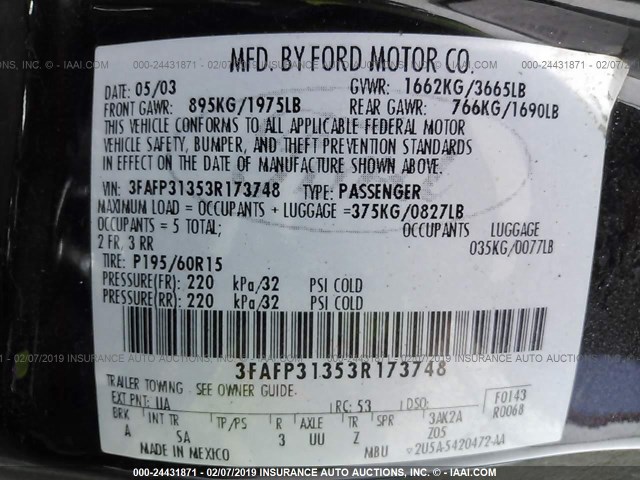 3FAFP31353R173748 - 2003 FORD FOCUS ZX3 BLACK photo 9