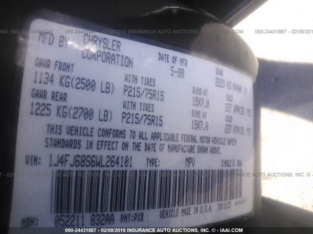 1J4FJ68S6WL264101 - 1998 JEEP CHEROKEE SPORT/CLASSIC შავი ფოტო 9