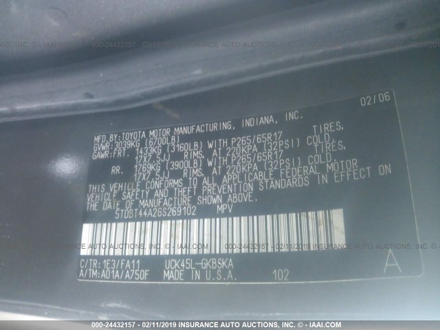 5TDBT44A26S269102 - 2006 TOYOTA SEQUOIA SR5 GRAY photo 9