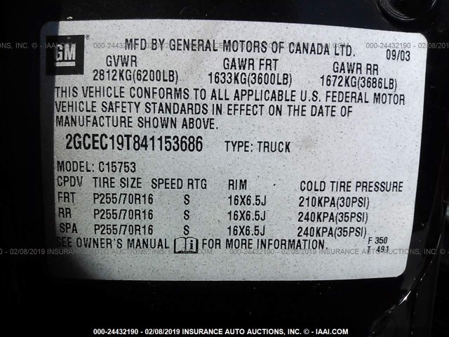 2GCEC19T841153686 - 2004 CHEVROLET SILVERADO C1500 BLACK photo 9