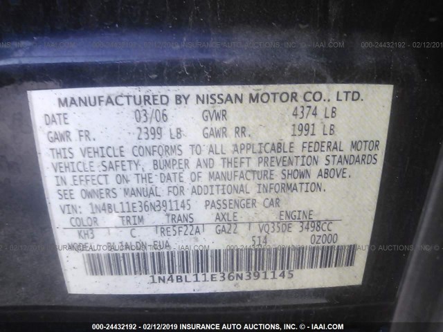 1N4BL11E36N391145 - 2006 NISSAN ALTIMA SE/SL/SE-R BLACK photo 9