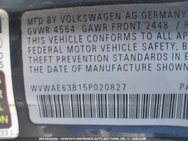 WVWAE63B15P020827 - 2005 VOLKSWAGEN PASSAT GLS TDI BLUE photo 9