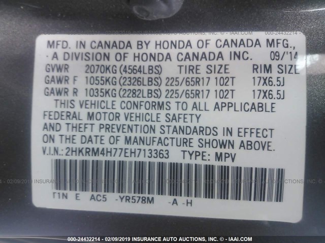 2HKRM4H77EH713363 - 2014 HONDA CR-V EXL GRAY photo 9