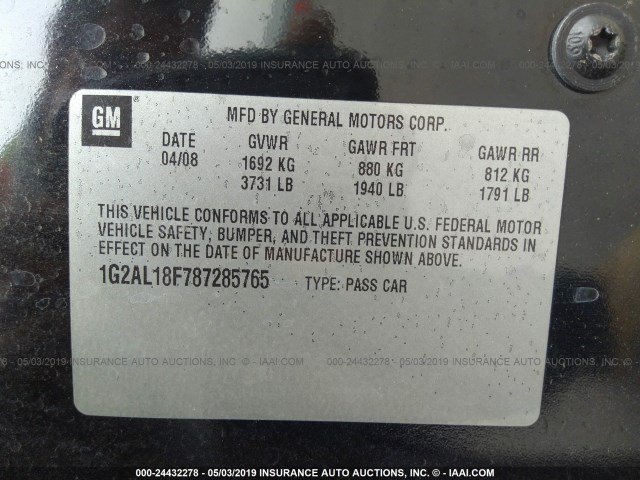 1G2AL18F787285765 - 2008 PONTIAC G5 BLACK photo 9