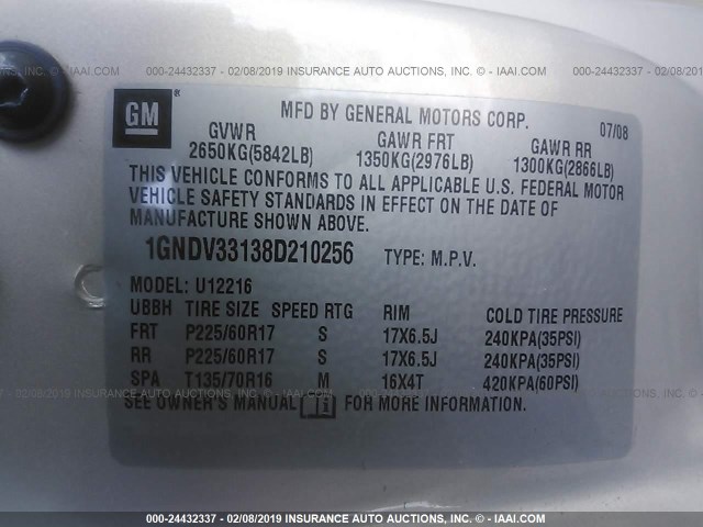 1GNDV33138D210256 - 2008 CHEVROLET UPLANDER LT GOLD photo 9