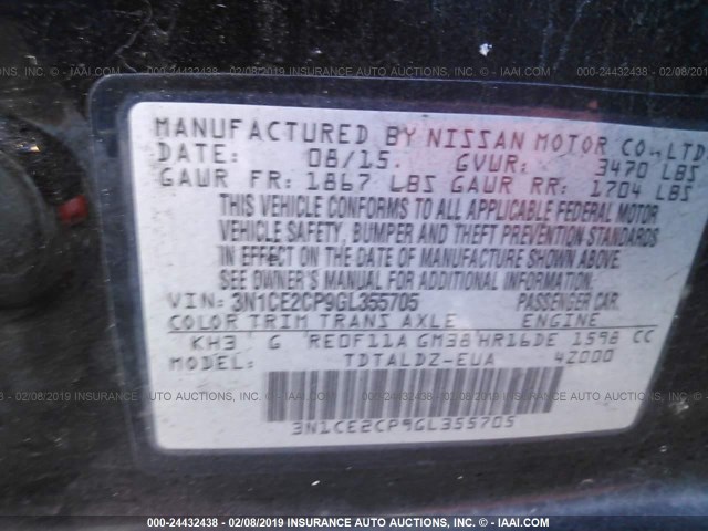 3N1CE2CP9GL355705 - 2016 NISSAN VERSA NOTE S/S PLUS/SV/SL/SR BLACK photo 9