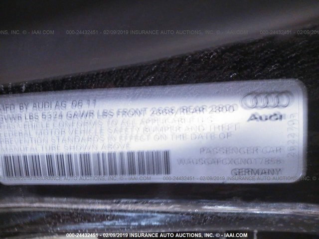 WAUSGAFCXCN017856 - 2012 AUDI A7 PRESTIGE BLACK photo 9