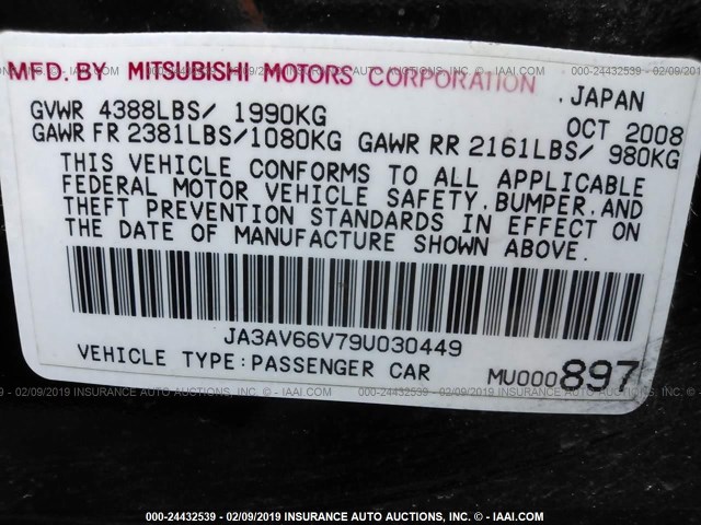 JA3AV66V79U030449 - 2009 MITSUBISHI LANCER RALLIART BLACK photo 9