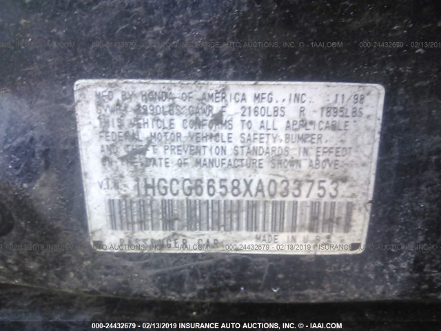 1HGCG6658XA033753 - 1999 HONDA ACCORD LX მწვანე ფოტო 9