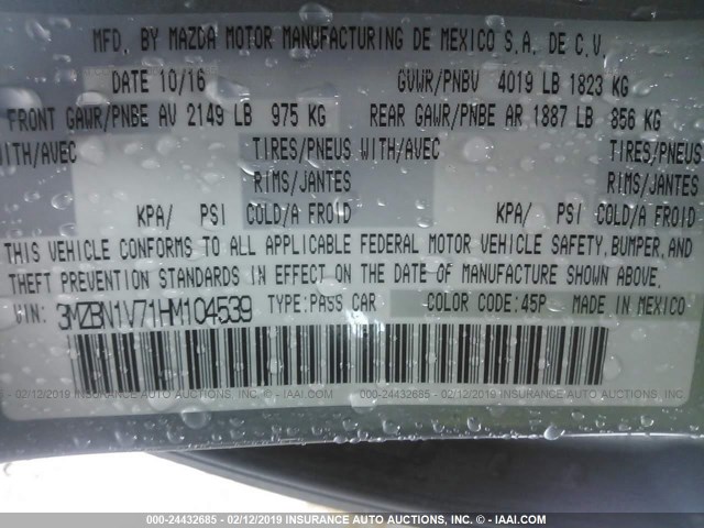 3MZBN1V71HM104539 - 2017 MAZDA 3 TOURING SILVER photo 9