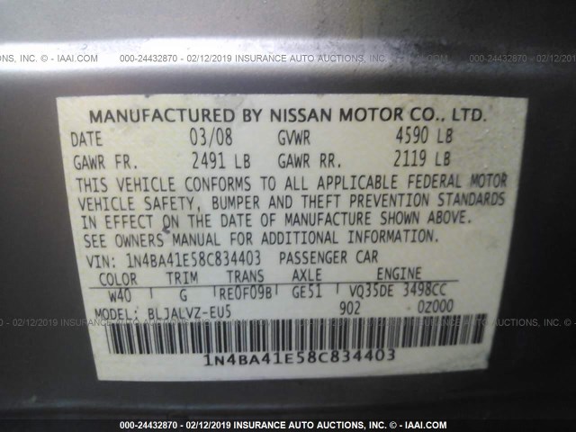 1N4BA41E58C834403 - 2008 NISSAN MAXIMA SE/SL GRAY photo 9