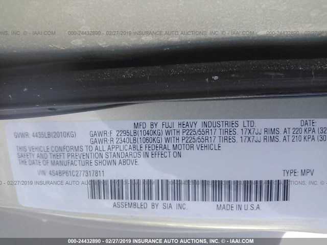 4S4BP61C277317811 - 2007 SUBARU LEGACY OUTBACK 2.5I GOLD photo 9