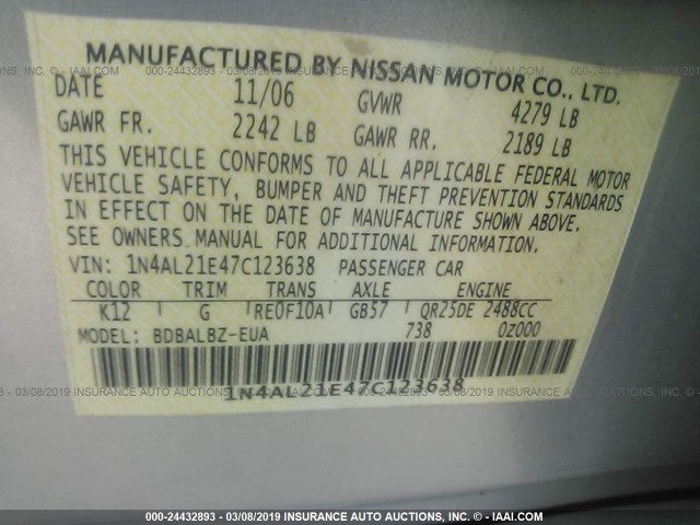 1N4AL21E47C123638 - 2007 NISSAN ALTIMA 2.5/2.5S SILVER photo 9