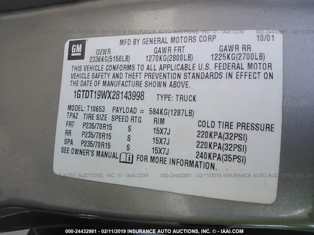 1GTDT19WX28143998 - 2002 GMC SONOMA SILVER photo 9