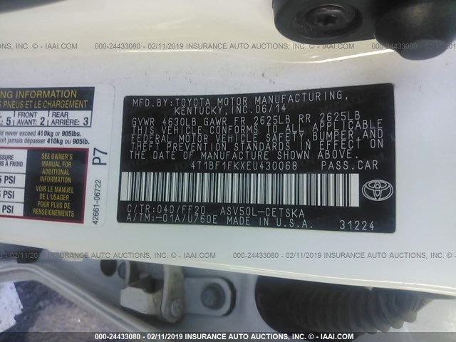4T1BF1FKXEU430068 - 2014 TOYOTA CAMRY L/SE/LE/XLE 白色 照片 9