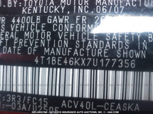 4T1BE46KX7U177356 - 2007 TOYOTA CAMRY NEW GENERAT CE/LE/XLE/SE RED photo 9