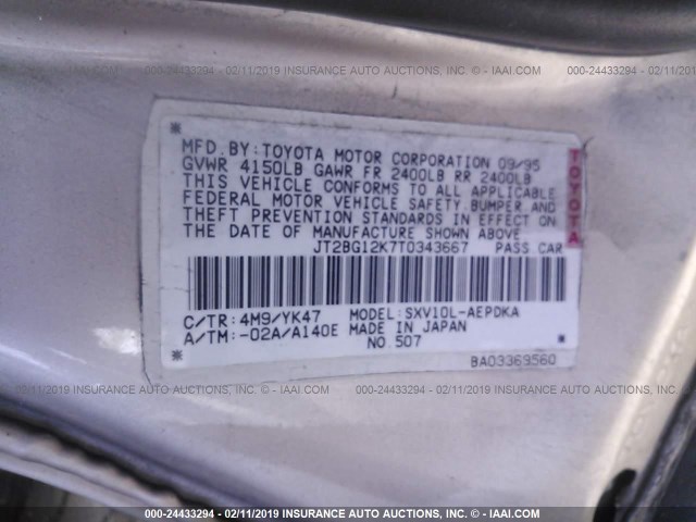 JT2BG12K7T0343667 - 1996 TOYOTA CAMRY DX/LE/XLE GOLD photo 9