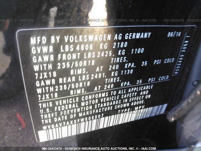 WVGAV7AXXFW505507 - 2015 VOLKSWAGEN TIGUAN S/SE/SEL/R-LINE BLACK photo 9