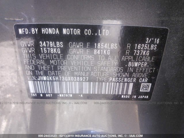 JHMGK5H73GX038927 - 2016 HONDA FIT EX/EXL GRAY photo 9