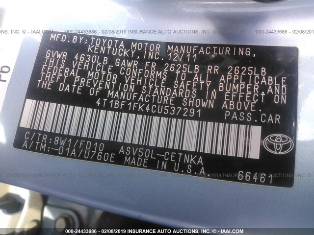 4T1BF1FK4CU537291 - 2012 TOYOTA CAMRY SE/LE/XLE 浅蓝色 照片 9