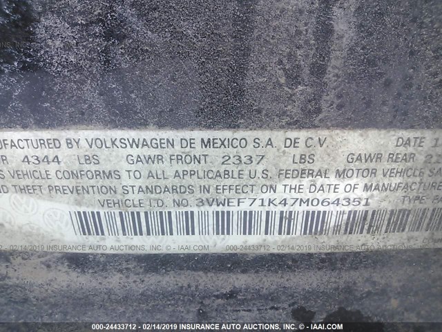 3VWEF71K47M064351 - 2007 VOLKSWAGEN JETTA WOLFSBURG 黑色 照片 9