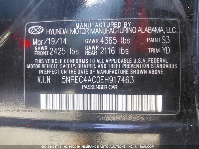 5NPEC4AC0EH917463 - 2014 HYUNDAI SONATA SE/LIMITED BLACK photo 9