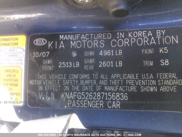 KNAFG526287156836 - 2008 KIA RONDO LX/EX BLUE photo 9