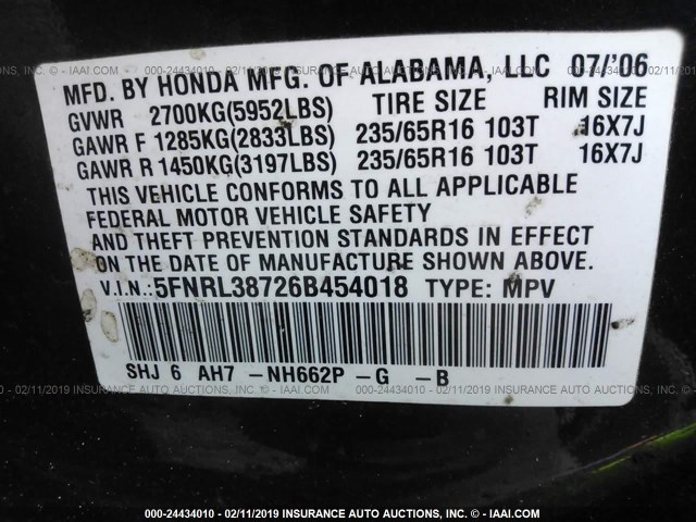 5FNRL38726B454018 - 2006 HONDA ODYSSEY EXL BLUE photo 9