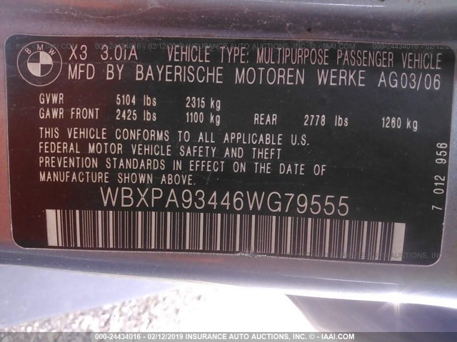 WBXPA93446WG79555 - 2006 BMW X3 3.0I GRAY photo 9