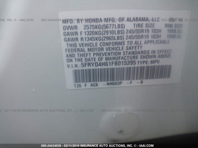 5FRYD4H61FB015395 - 2015 ACURA MDX TECHNOLOGY WHITE photo 9