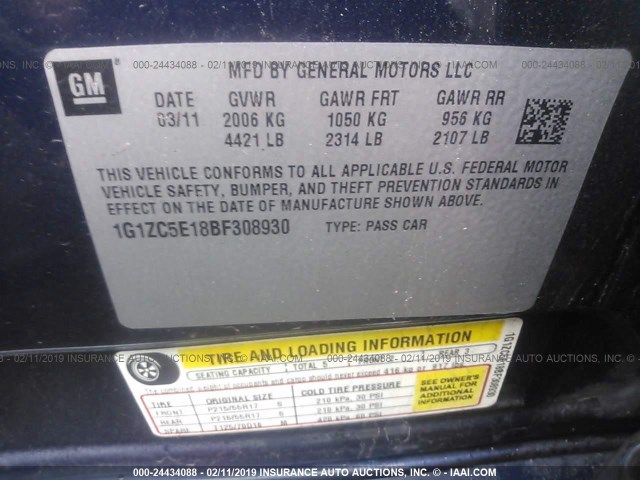 1G1ZC5E18BF308930 - 2011 CHEVROLET MALIBU 1LT 蓝色 照片 9