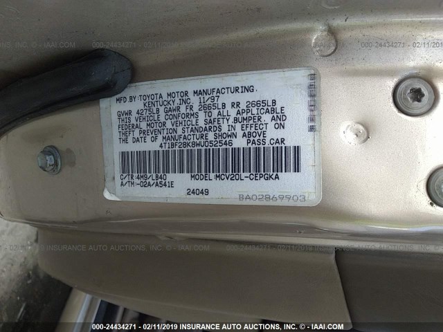 4T1BF28K8WU052546 - 1998 TOYOTA CAMRY CE/LE/XLE BEIGE photo 9