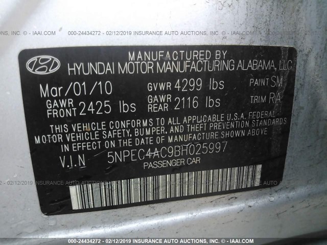 5NPEC4AC9BH025997 - 2011 HYUNDAI SONATA SE/LIMITED SILVER photo 9