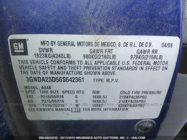 3GNDA23D56S642361 - 2006 CHEVROLET HHR LT BLUE photo 9