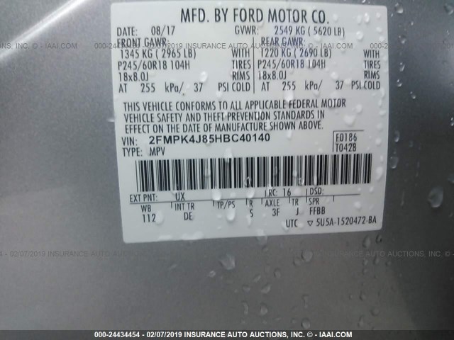 2FMPK4J85HBC40140 - 2017 FORD EDGE SEL SILVER photo 9