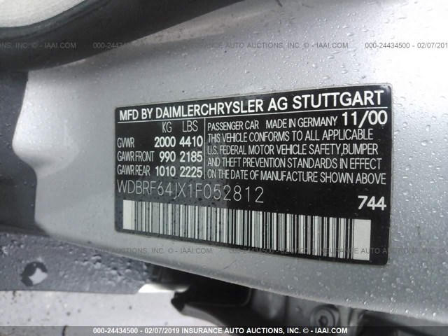 WDBRF64JX1F052812 - 2001 MERCEDES-BENZ C 320 SILVER photo 9