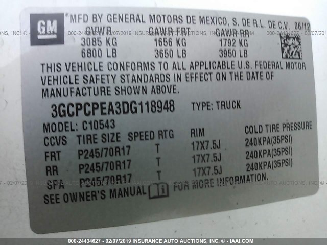 3GCPCPEA3DG118948 - 2013 CHEVROLET SILVERADO C1500 WHITE photo 9