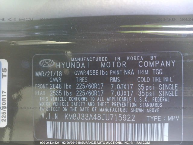 KM8J33A48JU715922 - 2018 HYUNDAI TUCSON LIMITED/SPORT AND ECO/SE BLACK photo 9