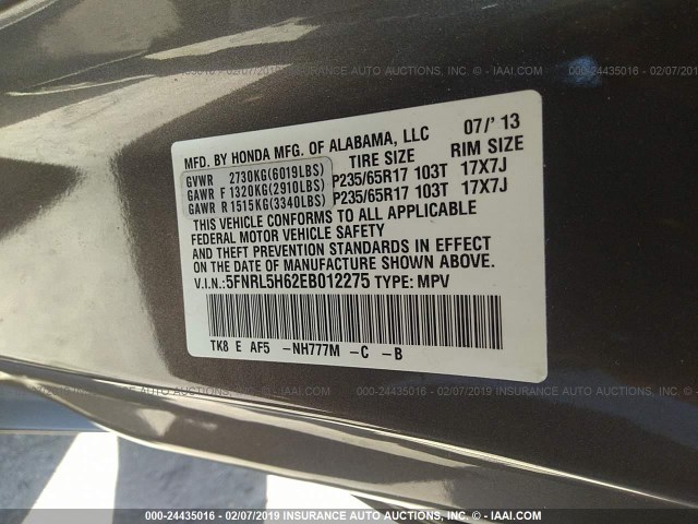 5FNRL5H62EB012275 - 2014 HONDA ODYSSEY GRAY photo 9