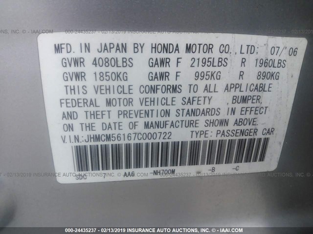 JHMCM56167C000722 - 2007 HONDA ACCORD VALUE SILVER photo 9