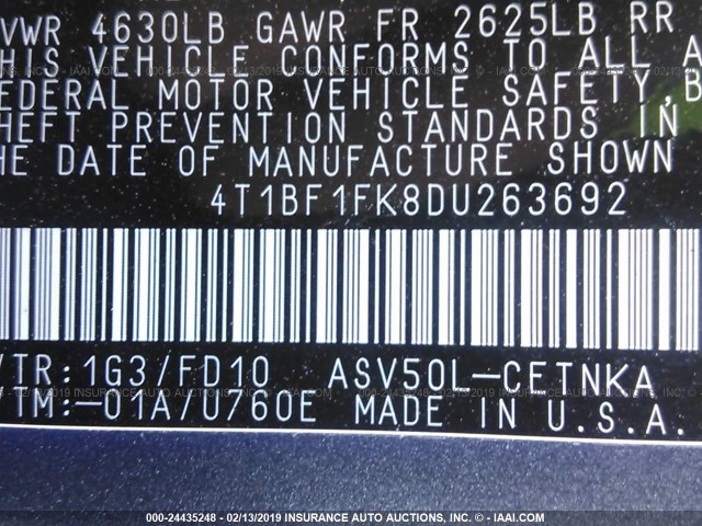 4T1BF1FK8DU263692 - 2013 TOYOTA CAMRY L/SE/LE/XLE ნაცრისფერი ფოტო 9