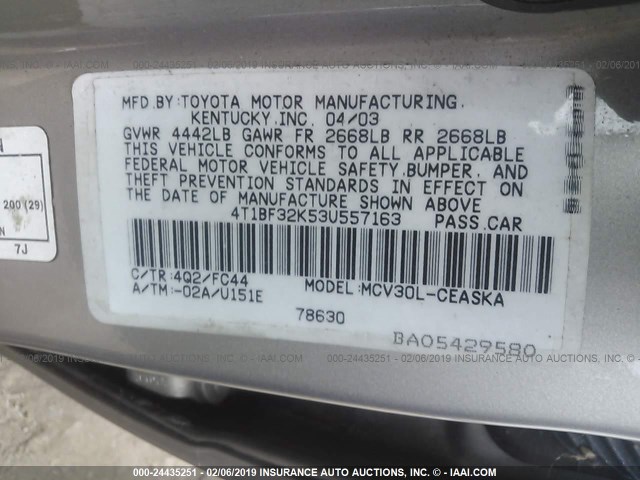 4T1BF32K53U557163 - 2003 TOYOTA CAMRY LE/XLE/SE Champagne photo 9