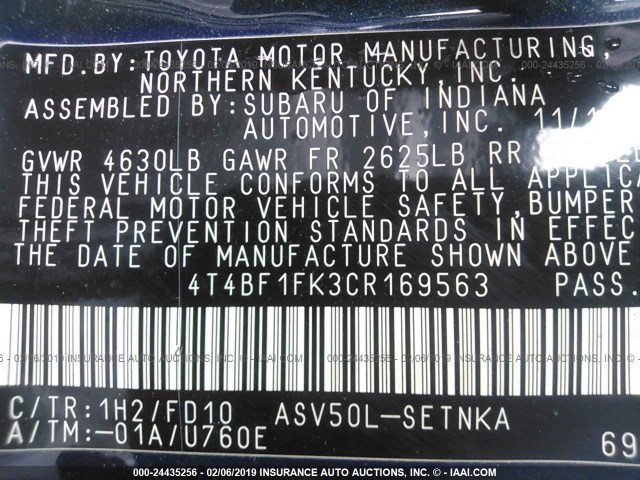 4T4BF1FK3CR169563 - 2012 TOYOTA CAMRY SE/LE/XLE BLACK photo 9